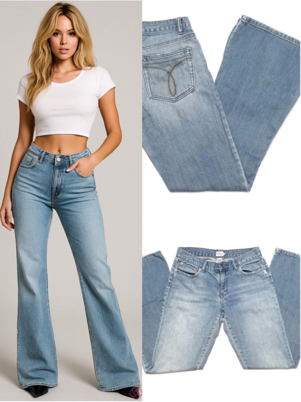 Rare Vintage 90s Calvin Klein Faded Light-wash Mid-Rise Bell Bottom Jeans 28